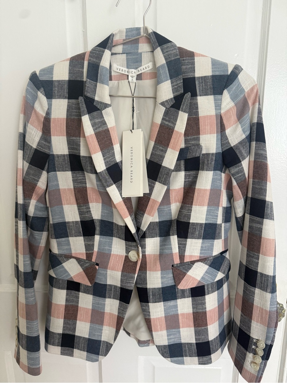 Veronica Beard Pink, Navy & Cream Plaid Single-Button Blazer
